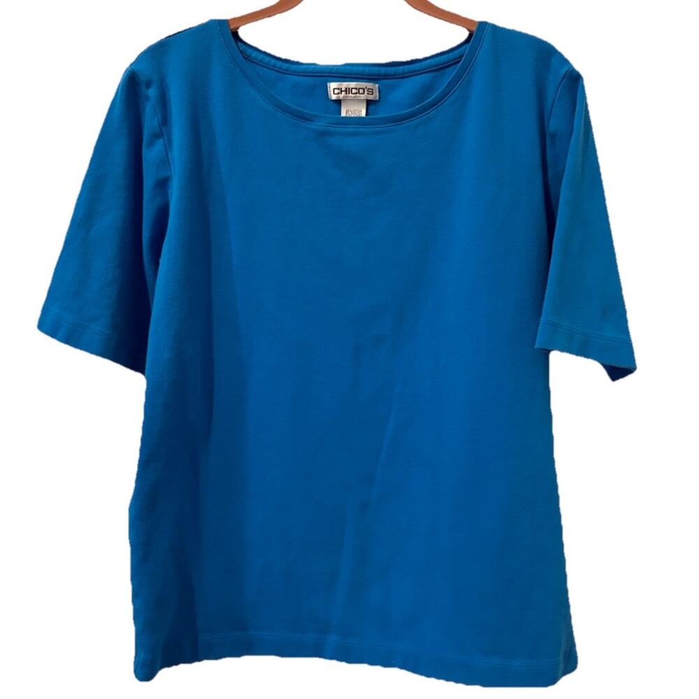 Chicos T-Shirt Size 2 (L) Round Neck Teal Blue-Short Sleeve-98% Cotton